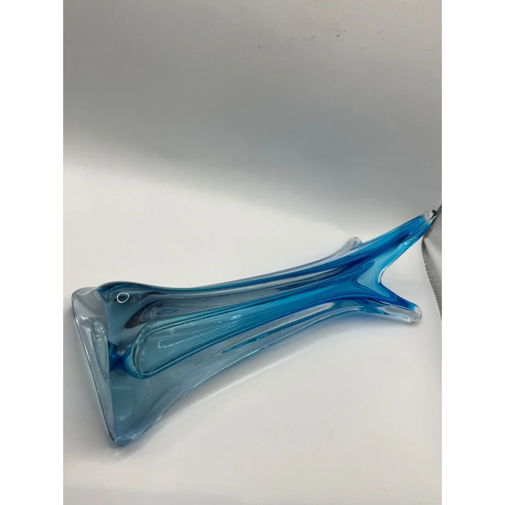 Vintage Blue Sommerso Art Glass Pulled Swung 3 Prong Vase Mid Century Modern 12
